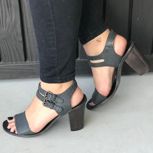 Black Studs Smooth Leather Block Heel Sandals - Picture 8 of 8